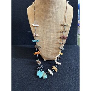 Vintage Zuni Fetish Necklace 18 Stone Animal Carvings Heishi Beads SS Clasp 26"